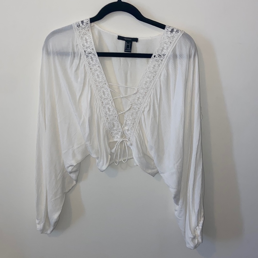 White, flowy, deep- V, long-sleeve top